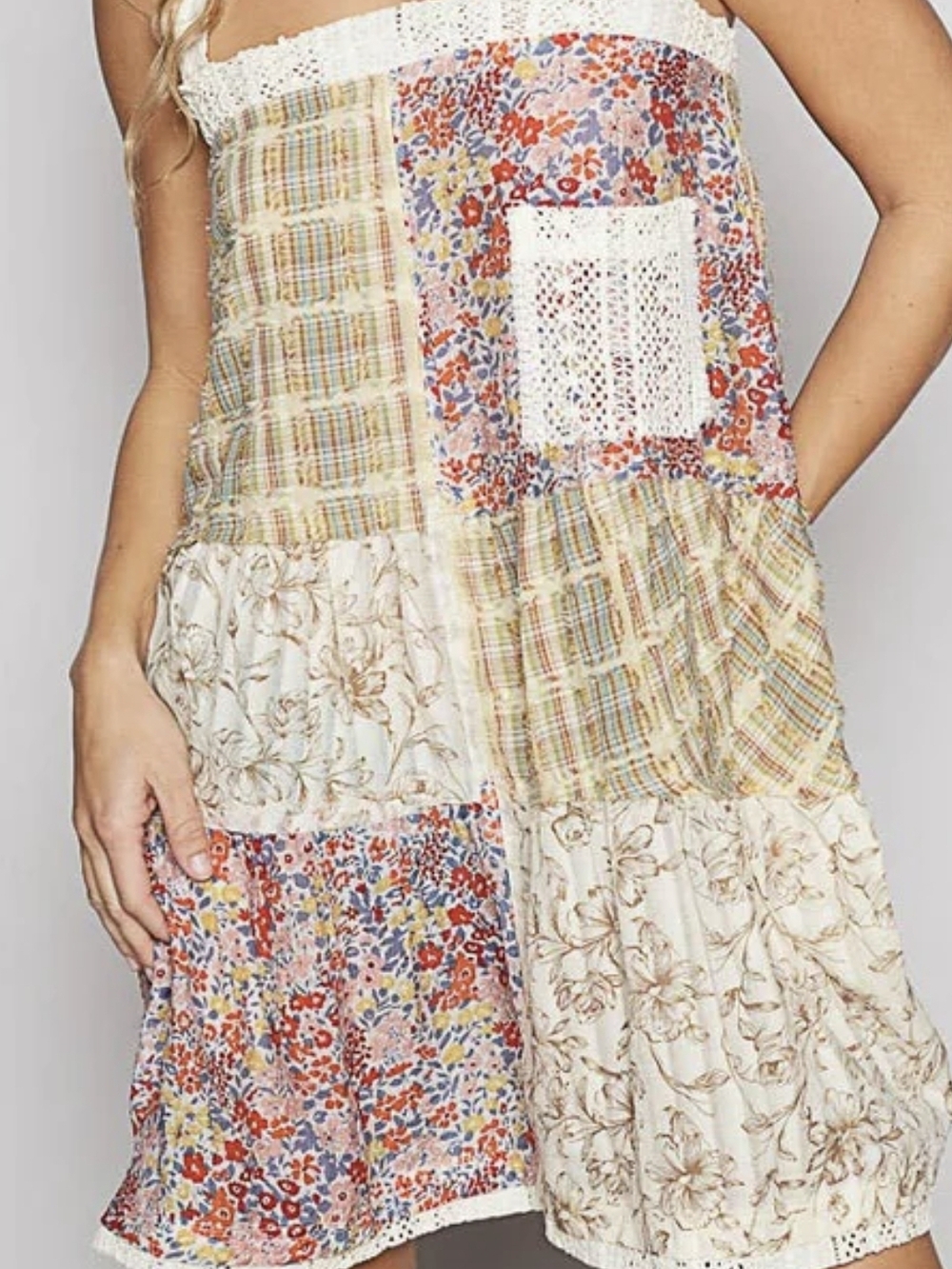 POL Boho Lace Trim & Patchwork Floral Plaid Mini Dress in Cream, Red, Blue NWOT